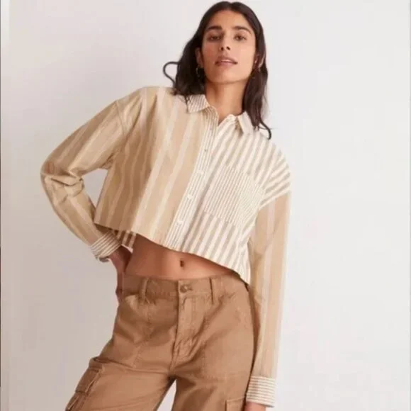 Madewell Tan White 2 in 1 Oversized Striped 100% Cotton Shirt Size S - Picture 5 of 15